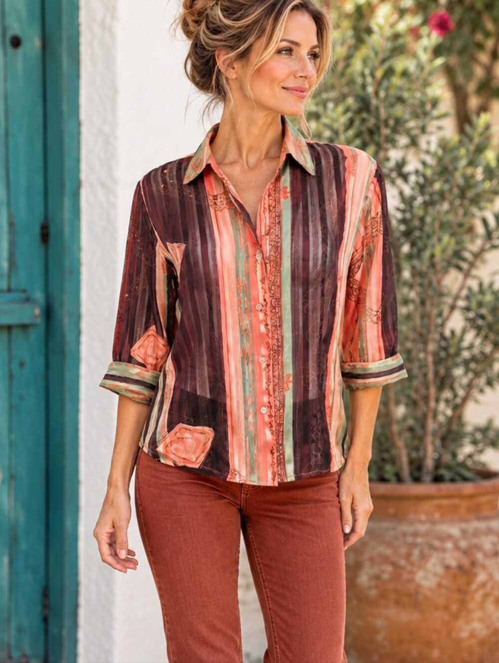 JAIPUR Sheer Boho Tribal Stripe Button Front Blouse Top Medium